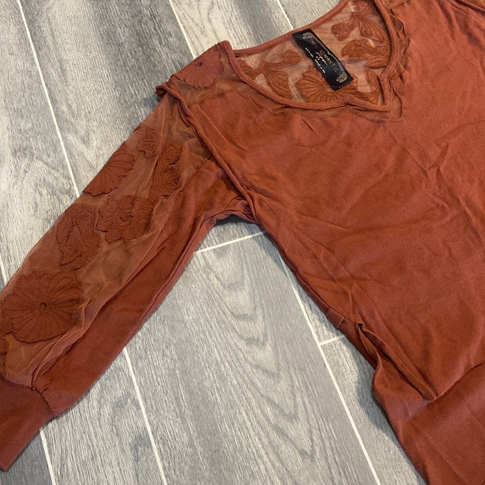 Free People Embroidered Burnt Orange Top